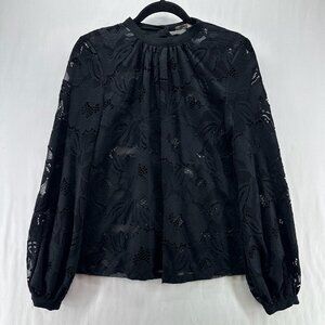 ONLY Lace Blouse Women S Long Sleeve Sheer Full Button Back Stretch Gothic Black